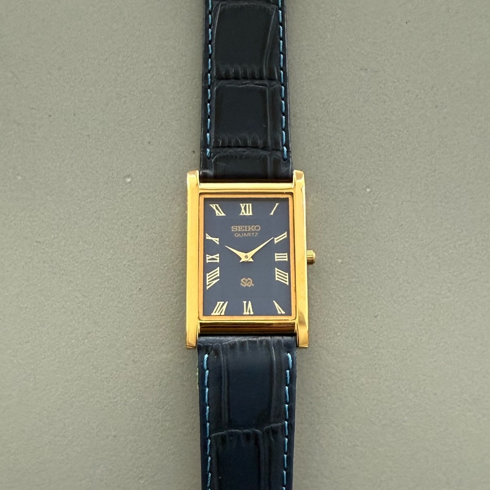 Vintage Seiko Tank watch Blue dial Gold Bezel with Blue Strap